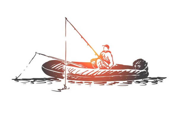 Man, visvangst, boot, meer, activiteit concept. Hand getekende geïsoleerde vector. — Stockvector
