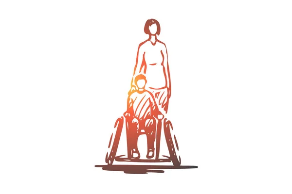 Niño, discapacitado, silla de ruedas, salud, concepto médico. Vector aislado dibujado a mano . — Vector de stock