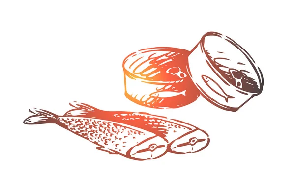 Jídlo, mořské plody, ryby, tuňák, koncept konzervovaného jídla. Ručně vykreslené izolované vektory. — Stockový vektor