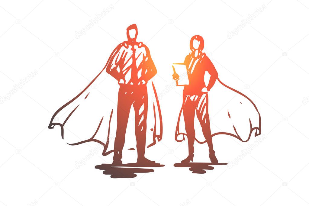 Hero, network, social, male, woman concept. Hand drawn isolated vector.