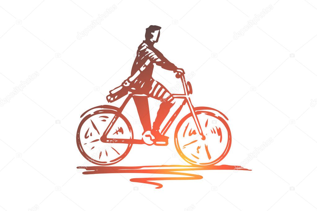 Student, bicycle, man, cycling concept. Hand drawn isolated vector.