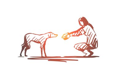 Gönüllü, sokak, hayvan, yardım konsepti. Elle çizilmiş izole vektör.