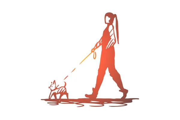 Donna, animale domestico, cane, camminare, concetto di guinzaglio. vettore isolato disegnato a mano . — Vettoriale Stock