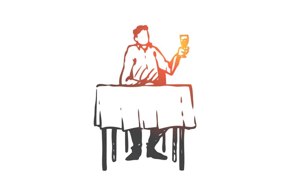 Hombre, restaurante, mesa, vino, concepto de cristal. Vector aislado dibujado a mano . — Archivo Imágenes Vectoriales