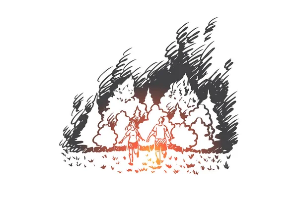 Incendio forestal, peligro, llama, bosque, concepto de desastre. Vector aislado dibujado a mano . — Archivo Imágenes Vectoriales