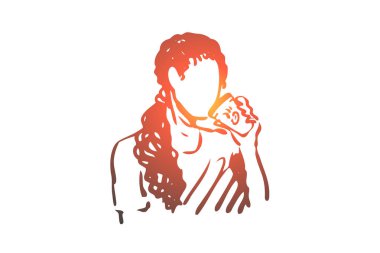 Kadın, içki, fincan, kahve, içecek konsepti. Elle çizilmiş izole vektör.