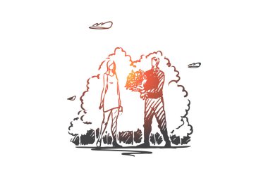 Aile, tarih, romantizm, aşk, mutlu konsept. Elle çizilmiş izole vektör.