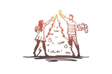 Noel, ağaç, dekorasyon, tatil, hediye konsepti. Elle çizilmiş izole vektör.