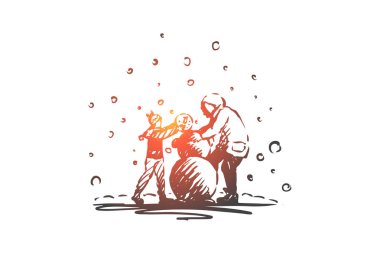 Çocuklar, kardan adam, kış, soğuk, aralık konsepti. Elle çizilmiş izole vektör.