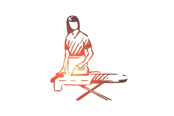 Mujer, planchado, tareas domésticas, ropa, concepto doméstico. Vector aislado dibujado a mano . — Vector de stock