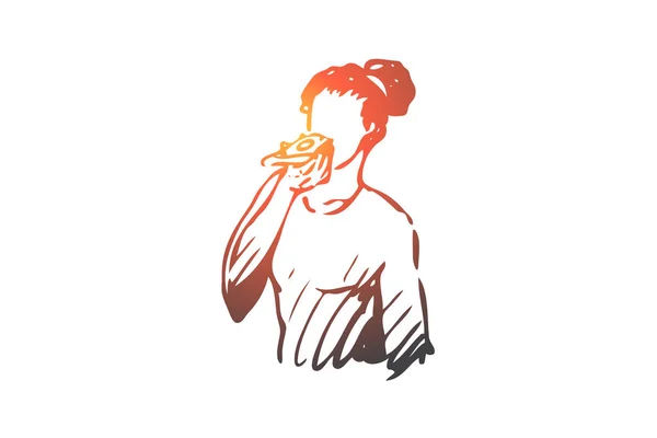 Nő, enni, gyorsétterem, ebéd, étkezés koncepció. Kézzel rajzolt izolált vektor. — Stock Vector