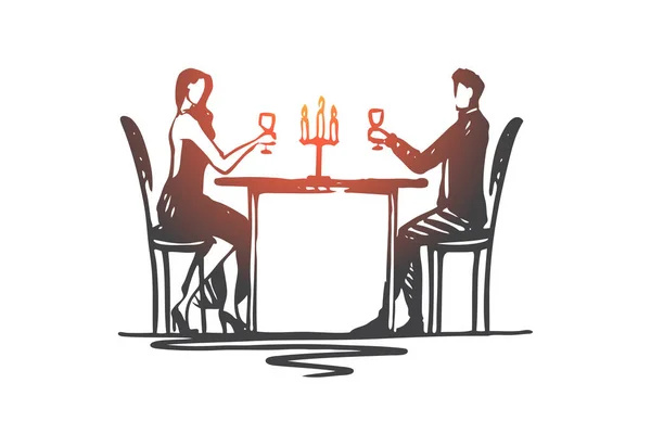 Restaurante, casal, amor, encontro, conceito romântico. Vetor isolado desenhado à mão . — Vetor de Stock