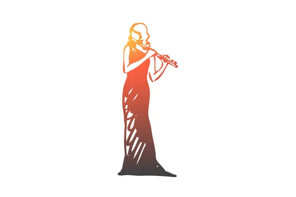 Flute, classic, music, woman, artist concept. Hand drawn isolated vector. — Stock Vector