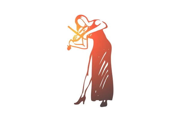 ヴァイオリン、クラシック、音楽、女性、コンサートのコンセプト。手描きの孤立ベクトル. — ストックベクタ