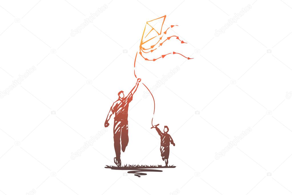 Kite, father, son, family, parenting concept. Hand drawn isolated vector.