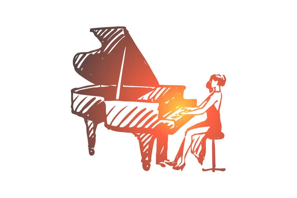 Πιάνο, κλασσικό, μουσικός, γυναίκα, έννοια της παράστασης. Απομονωμένο διάνυσμα χειρός. — Διανυσματικό Αρχείο