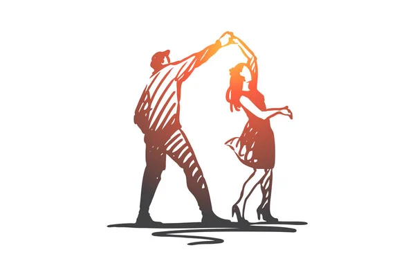 Couple, danse, partenaire, musique, concept de fête. Vecteur isolé dessiné à la main . — Image vectorielle