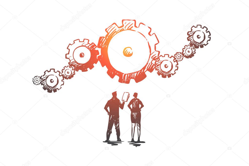 Data, gear, analytics, business, technology concept. Hand drawn isolated vector.