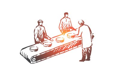 Peynir, üretim, hat, fabrika, proses konsepti. Elle çizilmiş izole vektör.