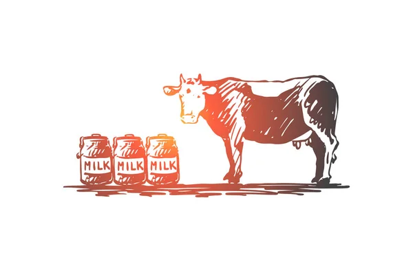 Vaca, leite, queijo, fazenda, conceito orgânico. Vetor isolado desenhado à mão . —  Vetores de Stock