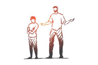 Oğul, baba, çocuk, kızgın, azarlamak, yaramaz kavramı. Elle çizilmiş izole vektör.