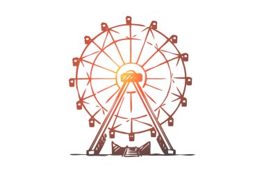 Cazibe, Ferris, tekerlek, eğlence, eğlence kavramının. Elle çizilmiş izole vektör.