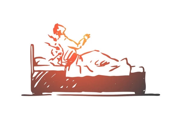 Postura, mau, coluna, cama, conceito de saúde. Vetor isolado desenhado à mão . — Vetor de Stock