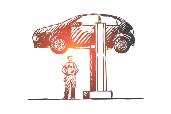 車、修理、自動車、サービス、エンジンの概念。手描き下ろし分離ベクトル. — ストックベクタ