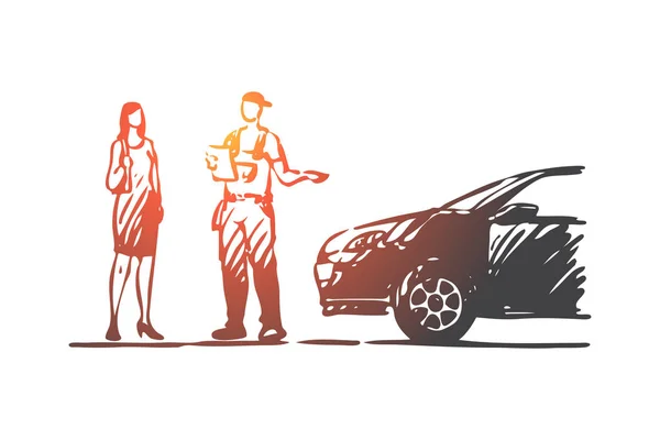 Ordering, delivery, car, service, man concept. Hand drawn isolated vector.