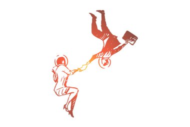 İş, uzay, takım elbise, kadınlar, adam, sinek kavramı. Elle çizilmiş izole vektör.