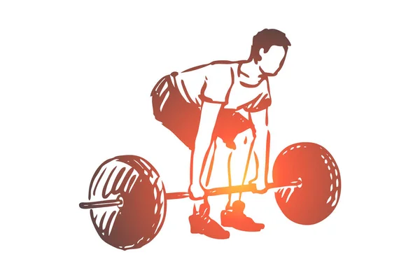 Gimnasio, barra, fitness, hombre, concepto de entrenamiento. Vector aislado dibujado a mano . — Vector de stock