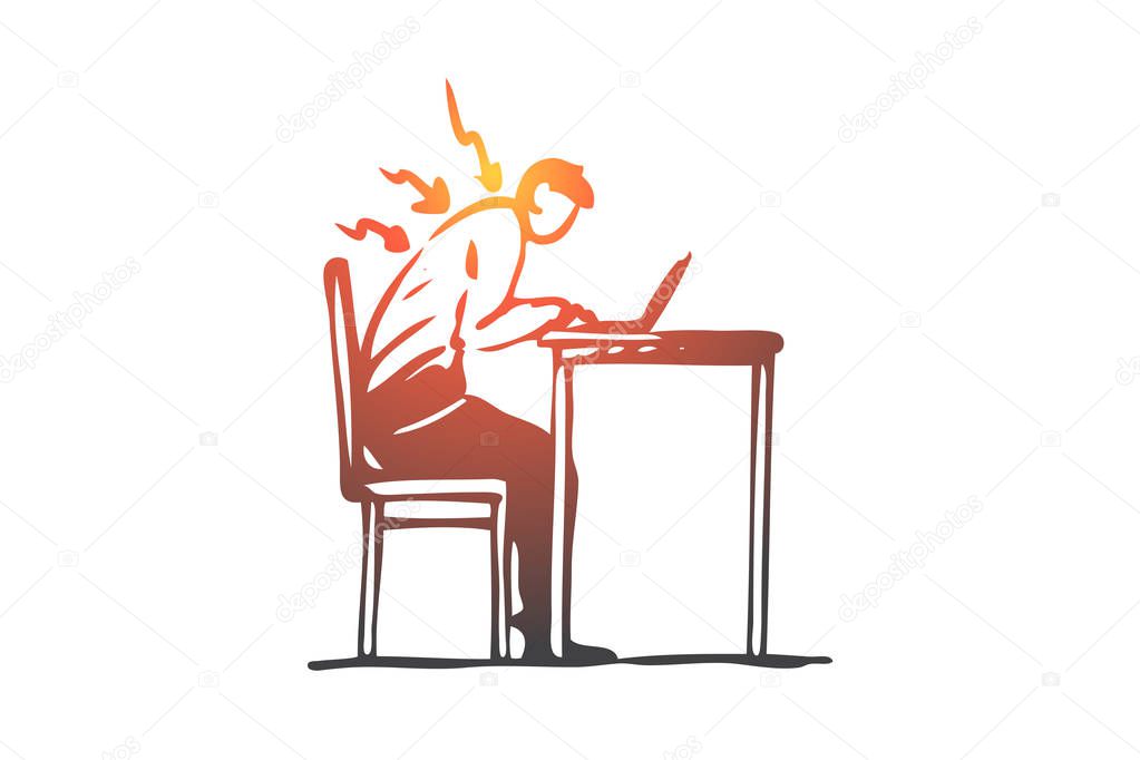 Posture, bad, spine, sit, table, wrong concept. Hand drawn isolated vector.