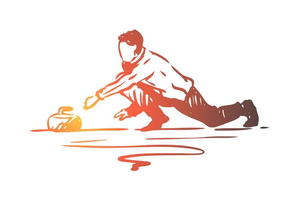 Curling, invierno, deporte, hielo, concepto de piedra. Vector aislado dibujado a mano . — Vector de stock