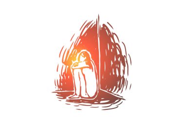 Çocukluk, üzücü, mutsuz, çocuk, stres kavramı. El çizilmiş izole vektör.