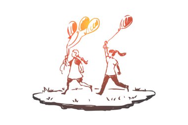 Özürlü, kız, balon, arkadaş, özürlülük konsepti. El çizilmiş izole vektör.