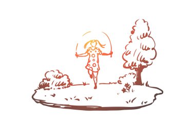 Özürlü, kız, atlama, halat, özürlülük kavramı. El çizilmiş izole vektör.