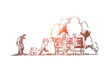 Aile, bahar, Park, köpek, doğa konsepti. El çizilmiş izole vektör.