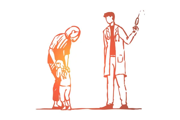 Criança, médico, injeção, medo, conceito de seringa. Vetor isolado desenhado à mão . —  Vetores de Stock