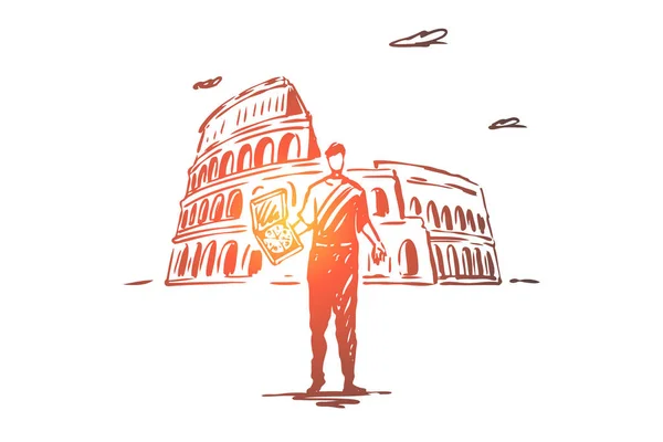 Itália, país, pizza, Coliseu, conceito de Roma. Vetor isolado desenhado à mão . —  Vetores de Stock