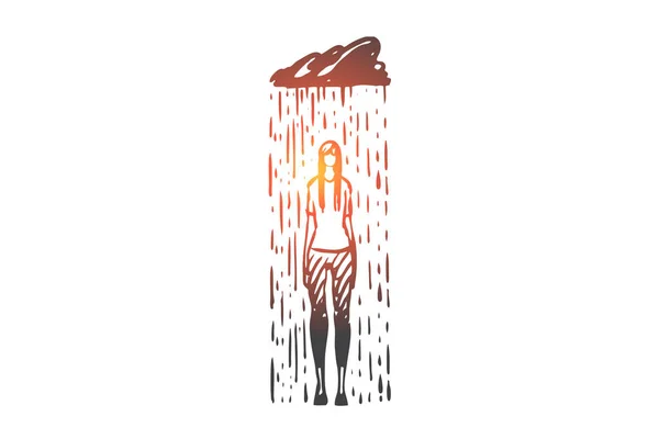 Regn, depression, Kvinna, ledsen, stress koncept. Handritad isolerad vektor. — Stock vektor