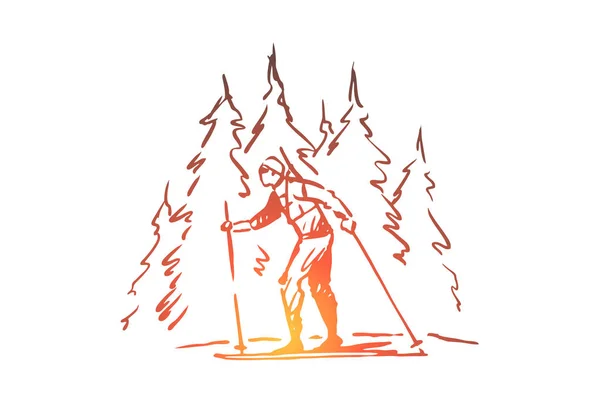 Ski, hiver, forêt, sport, concept extrême. Vecteur isolé dessiné à la main . — Image vectorielle