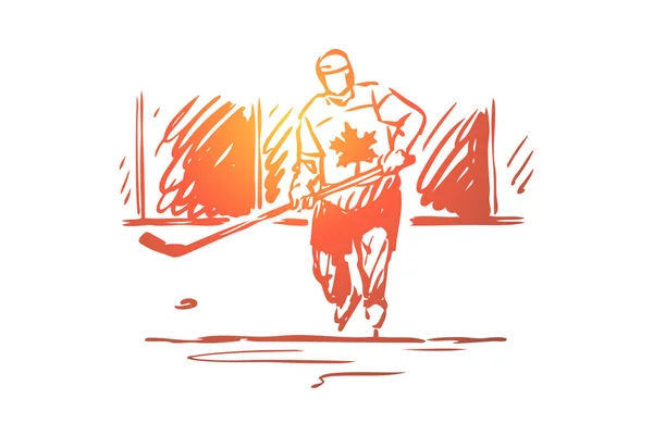 Canada, hockey, simbolo, nazione, concetto di sport. vettore isolato disegnato a mano . — Vettoriale Stock