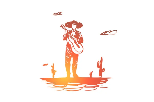 Mexikó, gitár, kaktusz, sombrero, mexikói koncepció. Kézzel rajzolt izolált vektor. — Stock Vector