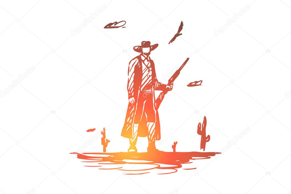 Wild, west, cowboy, gun, hat, western concept. Hand drawn isolated vector.