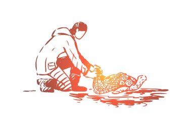 Hayvan, okyanus, kaplumbağa, Eko, yardım konsepti. El çizilmiş izole vektör.