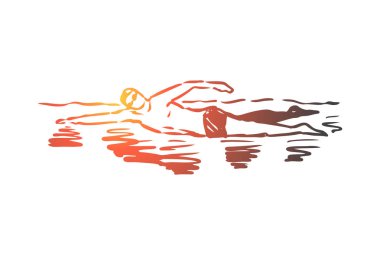 Yüzme, havuz, spor, su, yüzücü konsepti. El çizilmiş izole vektör.