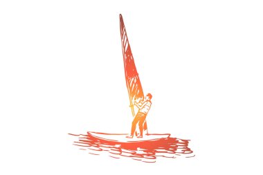 Rüzgar Sörfü, su, deniz, yaz, spor konsepti. El çizilmiş izole vektör.