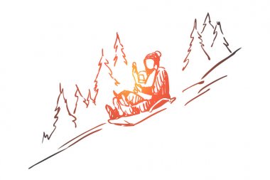 Sled, kış, dağlar, aktivite, spor konsepti. El çizilmiş izole vektör.