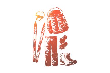 Kayak, tatil, kış, ekipman, giyim konsepti. El çizilmiş izole vektör.