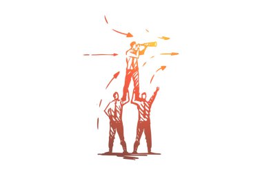 Ekip çalışması, Şirket, proje, liderlik konsepti. El çizilmiş izole vektör.